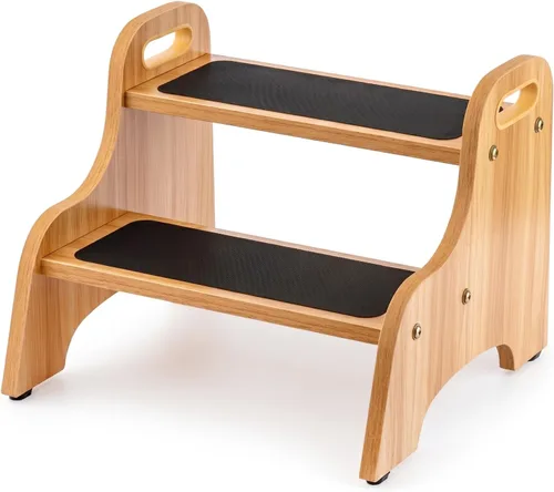 Vista 9 de StrongTek Paquete de 2 taburetes de madera de 2 escalones para niños y adultos, superficie antideslizante, almohadillas antideslizantes para pies