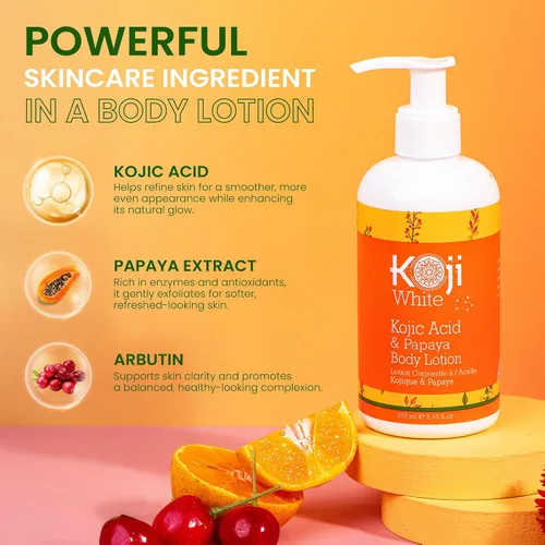 Vista 3 de Koji White Loción corporal Kojic Acid & Papaya - Exfoliante, hidratante, hidratante, cuidado de la piel para piel dañada por el sol, vegana, sin