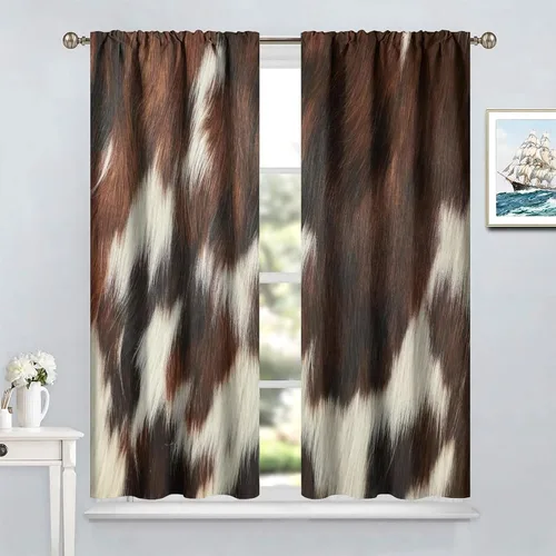 Vista 4 de YCness Cortinas de ventana de piel de vaca, estampado de vaca marrón, piel de animal de granja, cortinas opacas para ventana, diseño de vaquero