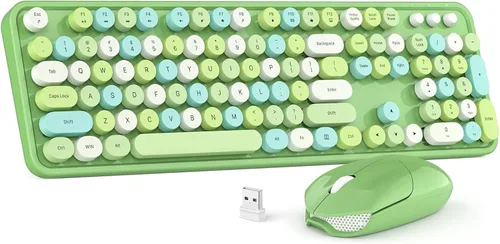 Vista 17 de MOWUX Combo de teclado y mouse inalámbricos, máquina de escribir de tamaño completo, teclado de computadora redondo retro, lindo mouse óptico, 2.4G