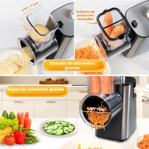 Vista 2 de Rallador de queso eléctrico Anatole de acero inoxidable, triturador de vegetales de 6 cuchillas, 250W, entrada y salida grandes, libre de BPA, 110V
