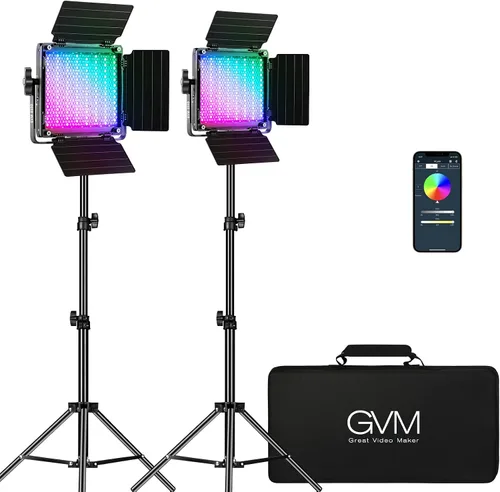 Vista 10 de GVM - Luz de video LED RGB con soporte de trípode, kit de iluminación de estudio con panel de control de aplicación, 3200K-5600K regulable, CRI97