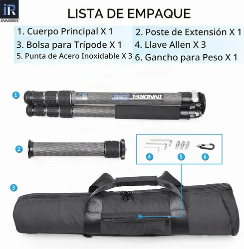 Vista 7 de INNOREL KT364C - Trípode compacto de fibra de carbono de 10 capas, 1.417 in, tubo grande, trípode de viaje profesional para videocámara digital Solo