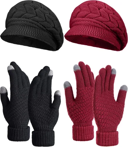 Vista 13 de SATINIOR Juego de 4 gorros y guantes de invierno para mujer, gorro de punto cálido, gorro de esquí de nieve con visera y guante para pantalla rojo