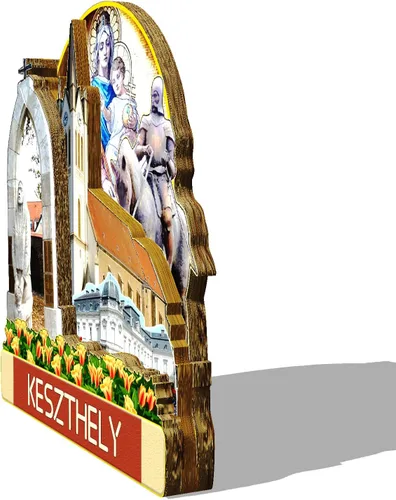 Vista 2 de Imán de madera para nevera Hungría Keszthely Monumentos 3D de viaje coleccionables, decoración hecha a mano