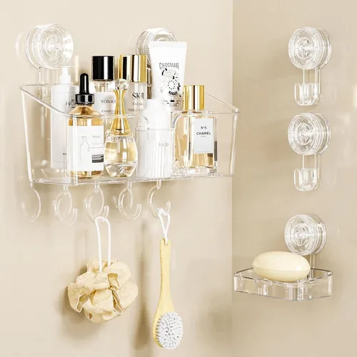 Vista 9 de LUXEAR Organizador de ducha con ventosa transparente – organizador de ducha + jabonera+soporte para cepillo de dientes – 1 segundo instalación sin