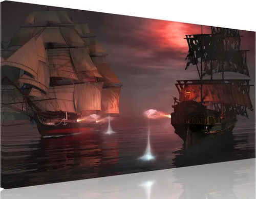 Vista 30 de TutuBeer 3 Piezas Arte de Pared Batalla Naval Barco Imagen Barco Pirata Velero Póster Barco Pirata Azul en Llamas Imagen Impresa en Lienzo Póster