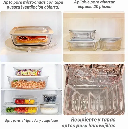 Vista 4 de Contenedores de vidrio para alimentos con tapa de vidrio, juego de recipientes de almacenamiento de alimentos aptos para microondas, 2 paquetes