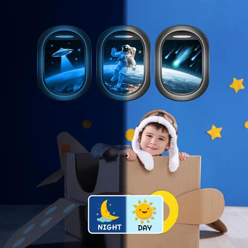 Vista 3 de Calcomanías de pared 3D que brillan en la oscuridad con temática espacial, juego de 3 calcomanías para ventana con temática de galaxia
