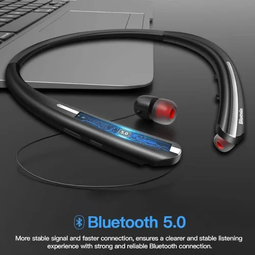 Vista 2 de Auriculares Bluetooth retráctiles con banda para el cuello, auriculares inalámbricos de ajuste cómodo de 20 horas con carrete automático, Negro