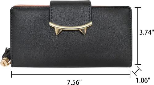 Vista 2 de HeySun Adorable monedero con orejas de gato para mujer, cartera larga, con clip para dinero, Negro -, Casual