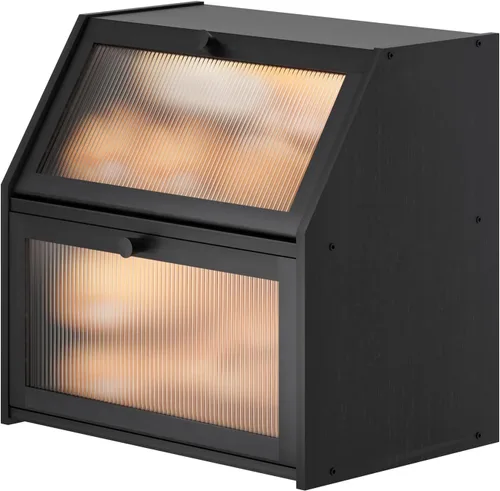 Vista 7 de Caja de pan extra grande negra para mostrador de cocina, caja de pan de bambú de doble capa grande, capacidad de almacenamiento de pan de madera