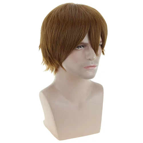 Vista 3 de RightOn Peluca marrón corta para disfraz, pelucas cortas marrones para hombre y mujer, fiesta de cosplay