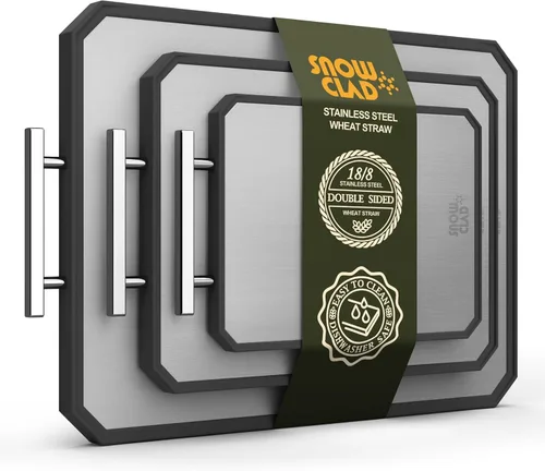Vista 8 de Tabla de cortar de acero inoxidable SNOWCLAD, tablas de cortar de doble cara para cocina, tabla grande de acero inoxidable/paja de trigo PP