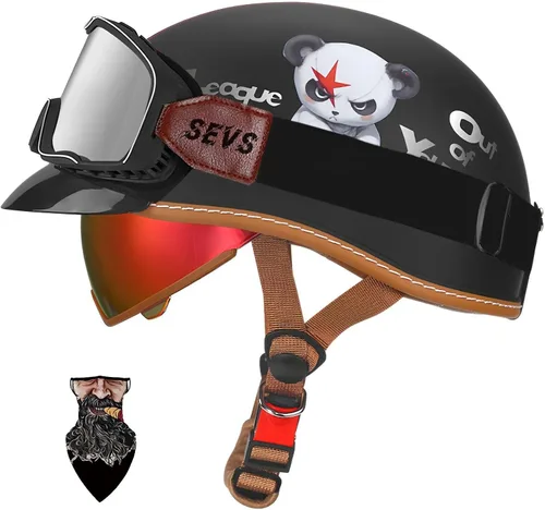 Vista 9 de Casco Moto Retro Jet para hombres y mujeres Homologado DOT, Medio Casco ABS, Ventilación Doble, Visera Retráctil y Forro Desmontable Fresco