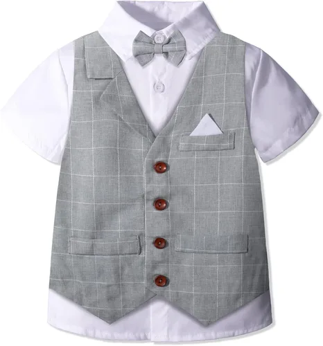 Vista 4 de Conjunto de ropa de verano para niño chaleco shorts camisa y moño traje formal de 4 piezas