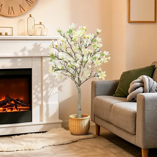 Vista 7 de Árbol de magnolia artificial de 4 pies para habitación, planta sintética Beige y amarillo