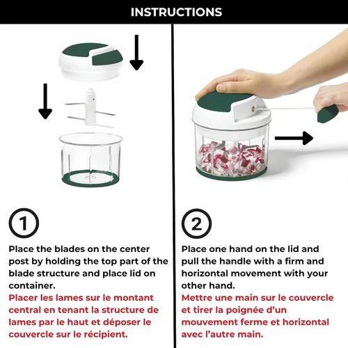 Vista 9 de Starfrit Pull Chopper - Procesador de alimentos manual multiusos - Sistema de tres cuchillas para un corte más rápido - De trozos grandes a puré