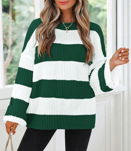 Vista 80 de ZESICA Suéter tejido sin botones de manga larga y cuello redondo, a rayas, bloques de color, cómodo, holgado, talla extragrande para mujer de 2024