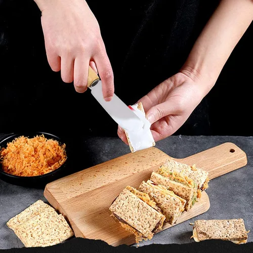 Vista 4 de 10 cuchillos pequeños de mantequilla con mango de madera de 4 pulgadas, de acero inoxidable, borde recto, esparcidor de queso y mantequilla, crema