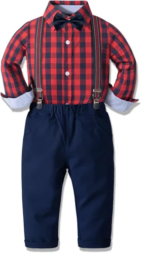 Vista 2 de Yilaku Ropa de vestir para niño, conjunto de traje formal con corbatín y pantalones de tirantes, trajes de niño para niño pequeño, trajes