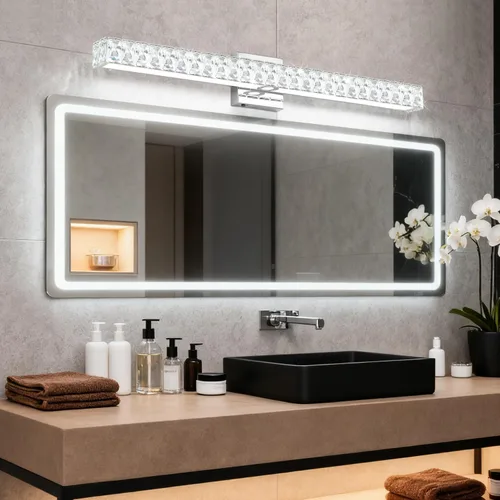 Vista 10 de SOLFART Lámpara de baño, accesorios de iluminación de tocador de cristal, luces LED modernas sobre espejo, lámpara de baño de 60 cm, cromada Luz