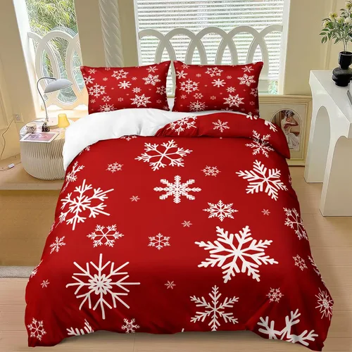 Vista 7 de Juego de ropa de cama de Navidad con funda de edredón de copos de nieve, color blanco y rojo, con estampado navideño, juego de ropa de cama festiva