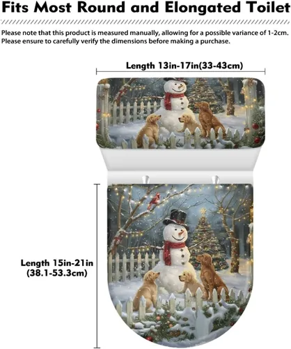 Vista 6 de Juego de decoración de baño de 2 piezas con diseño de muñeco de nieve de Navidad, cubierta de tanque para asiento de inodoro