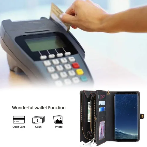 Vista 6 de Asuwish Funda de teléfono para Samsung Galaxy S8 con cremallera, funda desmontable con protector de pantalla de vidrio templado y soporte de cuero