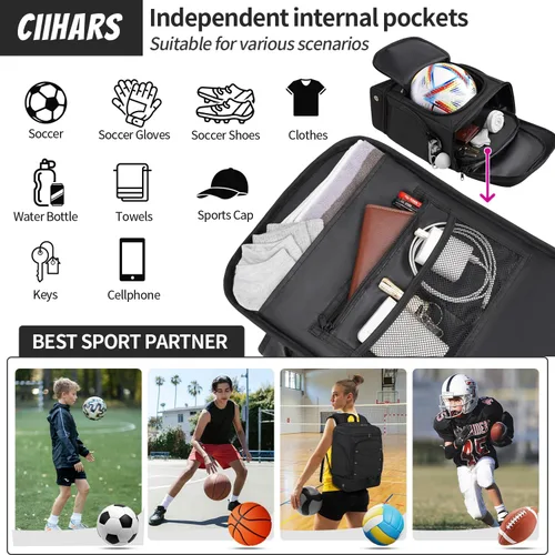 Vista 5 de Mochila de fútbol, bolsa de fútbol con soporte para pelotas, incluye zapatos de tacos separados y compartimento para bolas, bolsas