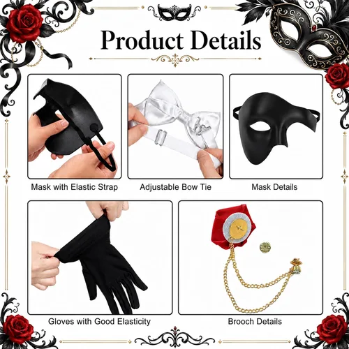 Vista 3 de 5 Pcs Half Face Opera Costume Accessories, Halloween Opera Outfits Set