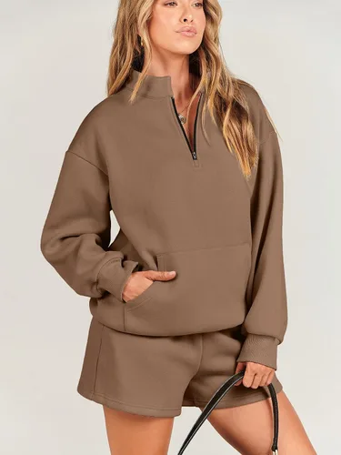 Vista 2 de Caracilia Conjunto deportivo de 2 piezas para mujer, sudadera de gran tamaño con media cremallera y pantalones cortos a juego para el otoño