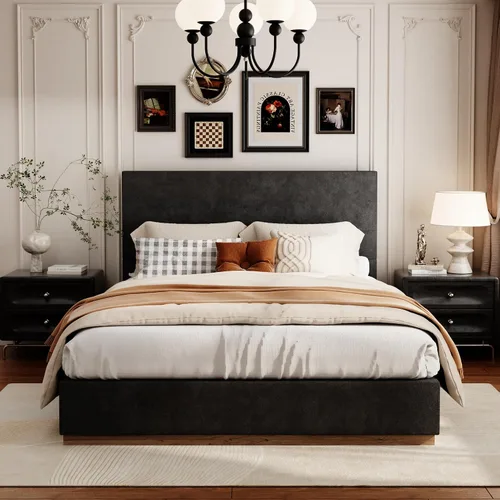 Vista 12 de Base de cama matrimonial con cabecero, plataforma tapizada de terciopelo con base de madera cerrada, estructura de metal y soporte de listones