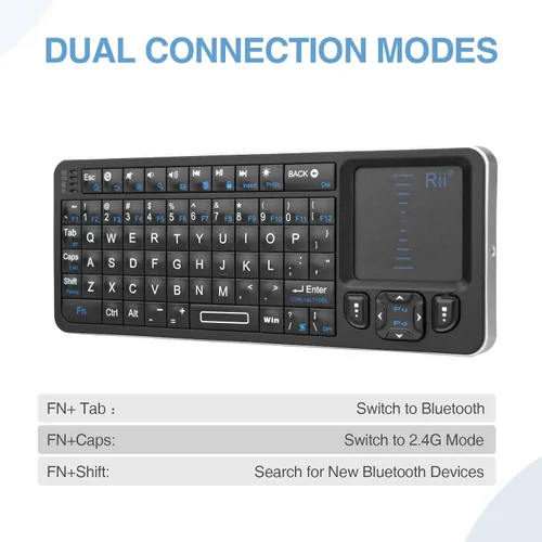 Vista 4 de Rii K06 Mini teclado Bluetooth, teclado inalámbrico retroiluminado de 2.4GHz con aprendizaje IR, portátil con panel táctil, compatible con Amazon