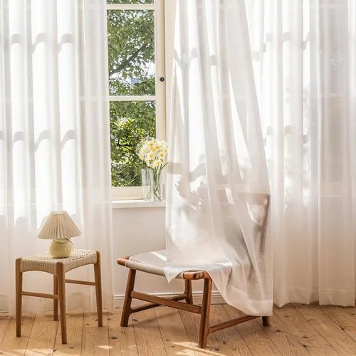 Vista 4 de Cortinas traslúcidas con textura de lino blanco de 54 pulgadas de largo, juego de 2 paneles de cortinas semitransparentes para sala de estar