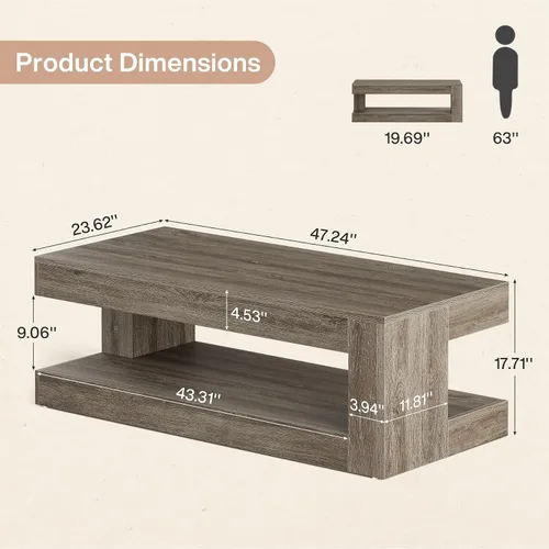 Vista 2 de Tribesigns Mesa de Centro para Sala de Estar, 47.24 Pulgadas Estilo Granja de 2 Niveles Mesa Central de Té y Cóctel con Almacenamiento, Gris