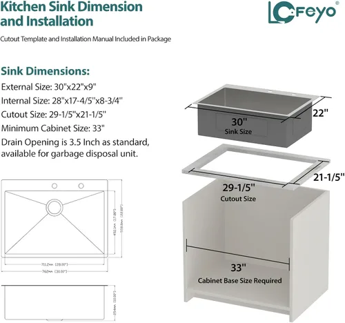 Vista 7 de Fregadero de cocina rectangular hecho a mano de 30 x 22 pulgadas, calibre 16, de calibre 16, para montaje superior, rectangular, hecho a mano