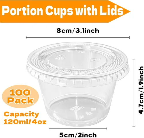 Vista 2 de Szsrcywd 100 juegos de vasos de gelatina de 4 onzas con tapas, recipientes desechables de plástico transparente para condimentos para souffle