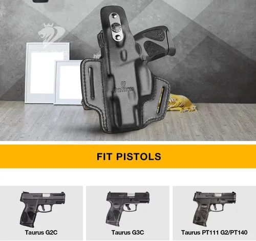 Vista 2 de OWB Leather Holster for Glock 17 19 19X 22 23 45, Taurus G2C/G3C, Sig P320 Compact, Colt 1911 5’’ No Rail – Full Grain Leather, Thumb Break