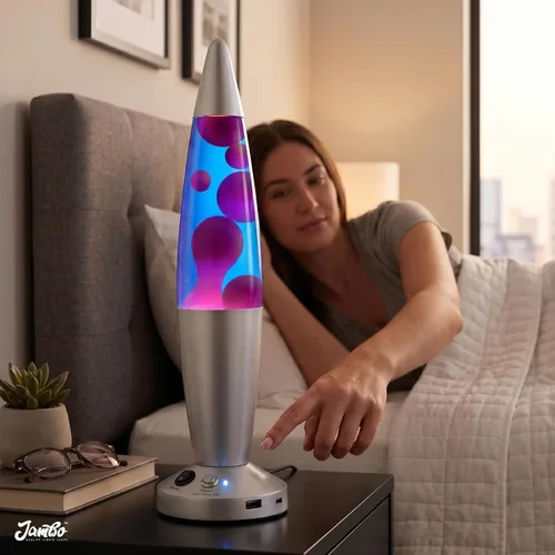 Vista 5 de Jambo - Lámpara de movimiento mejorada de 16" azul líquida, cera púrpura - Puertos USB, temporizador - Lámpara nocturna para adultos, adolescentes