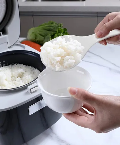 Vista 6 de Juego de 2 utensilios de cocina de plástico, cuchara antiadherente para servir y espátula resistente al calor para granos, 7.87 pulgadas (blanco)