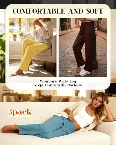 Vista 119 de Neer - Conjunto de 3 pantalones de yoga de pierna ancha para mujer - Pantalones deportivos cómodos, holgados, de cintura alta y casuales