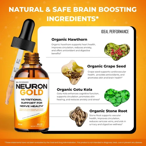Vista 5 de Neuron Gold Drops, Neuron Gold Premium para neuropatía y suplemento de apoyo a la salud nerviosa - Máxima fuerza, todos los ingredientes naturales