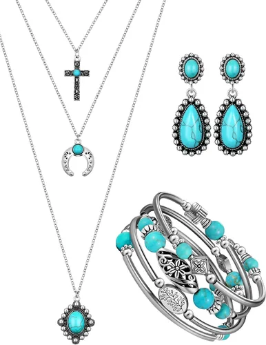 Vista 22 de 3 piezas de joyería boho occidental para mujer, conjunto de joyas de turquesa, aretes vintage, pulsera, collar bohemio occidental para mujer Negro