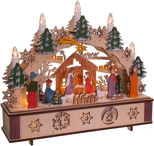Vista 6 de Kurt S. Adler Belén de madera iluminado con pilas de 11 pulgadas con velas