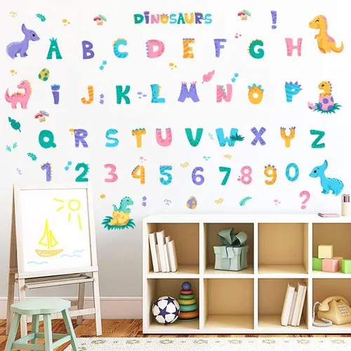 Vista 5 de Adhesivos de pared con alfabetos de dinosaurio, adhesivos de vinilo con números ABC, coloridos para aula, habitación de niños, sala