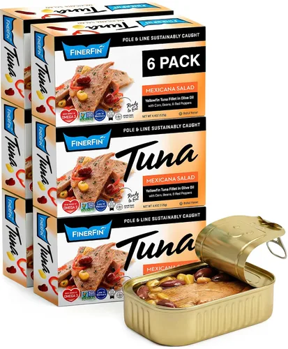 Vista 11 de FinerFin Atún de aleta amarilla en aceite de oliva orgánico – 3 sabores de ensalada de frijoles (lata de 4.4 onzas – paquete de 6); pescado enlatado