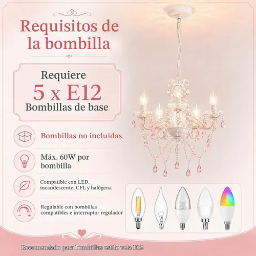 Vista 7 de Lámpara pequeña rosa y blanca para dormitorio de niñas, lámpara de techo moderna de cristal acrílico de 5 luces, mini candelabro para habitación