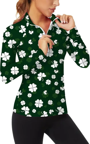 Vista 27 de WOWENY - Camiseta de manga larga con cremallera de 1/4 para mujer, con cuello, para hacer deporte, con estampado, para tenis Hoja multicolor.