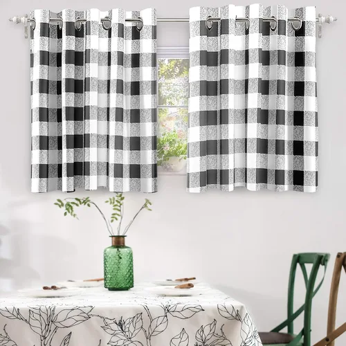 Vista 41 de Cortinas de cuadros de búfalo DriftAway a cuadros negro y blanco extralargas con tratamiento ojo de sargento para dormitorio y sala de estar